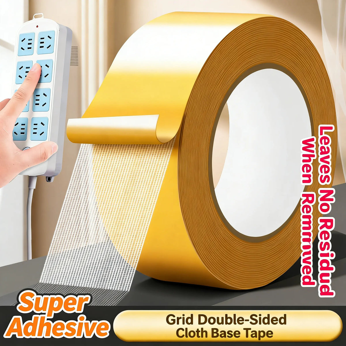 Heavy-Duty Double Sided Tape, Strong Adhesive, Waterproof & Removable, No Residue