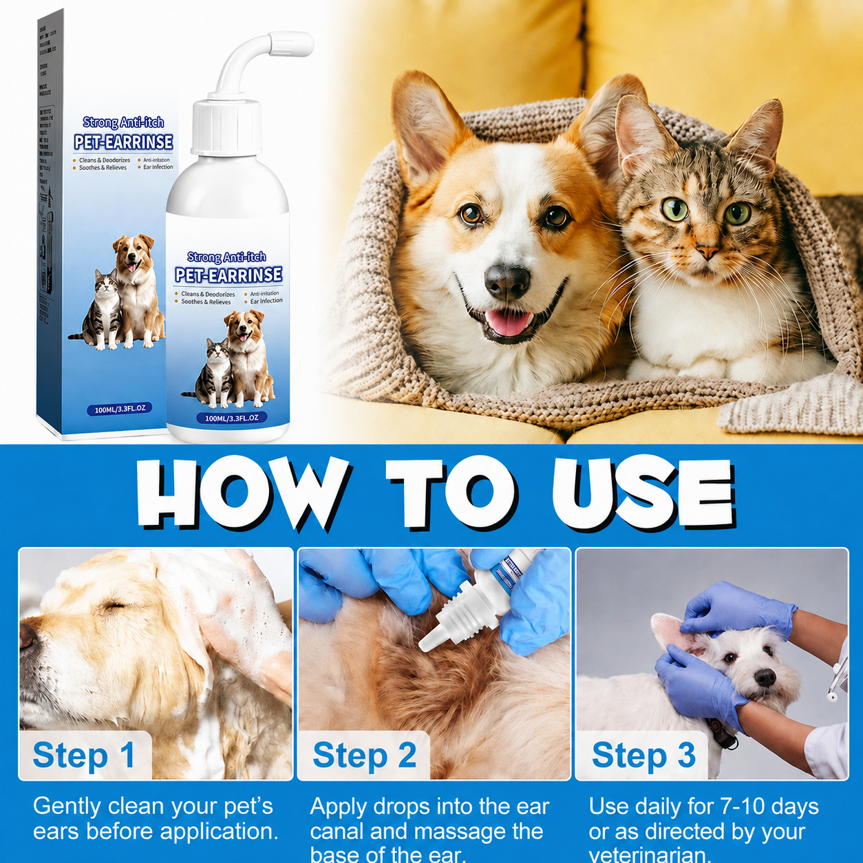Gentle Pet Ear Wash | Odor-Free Cleaning for Dogs & Cats🌿