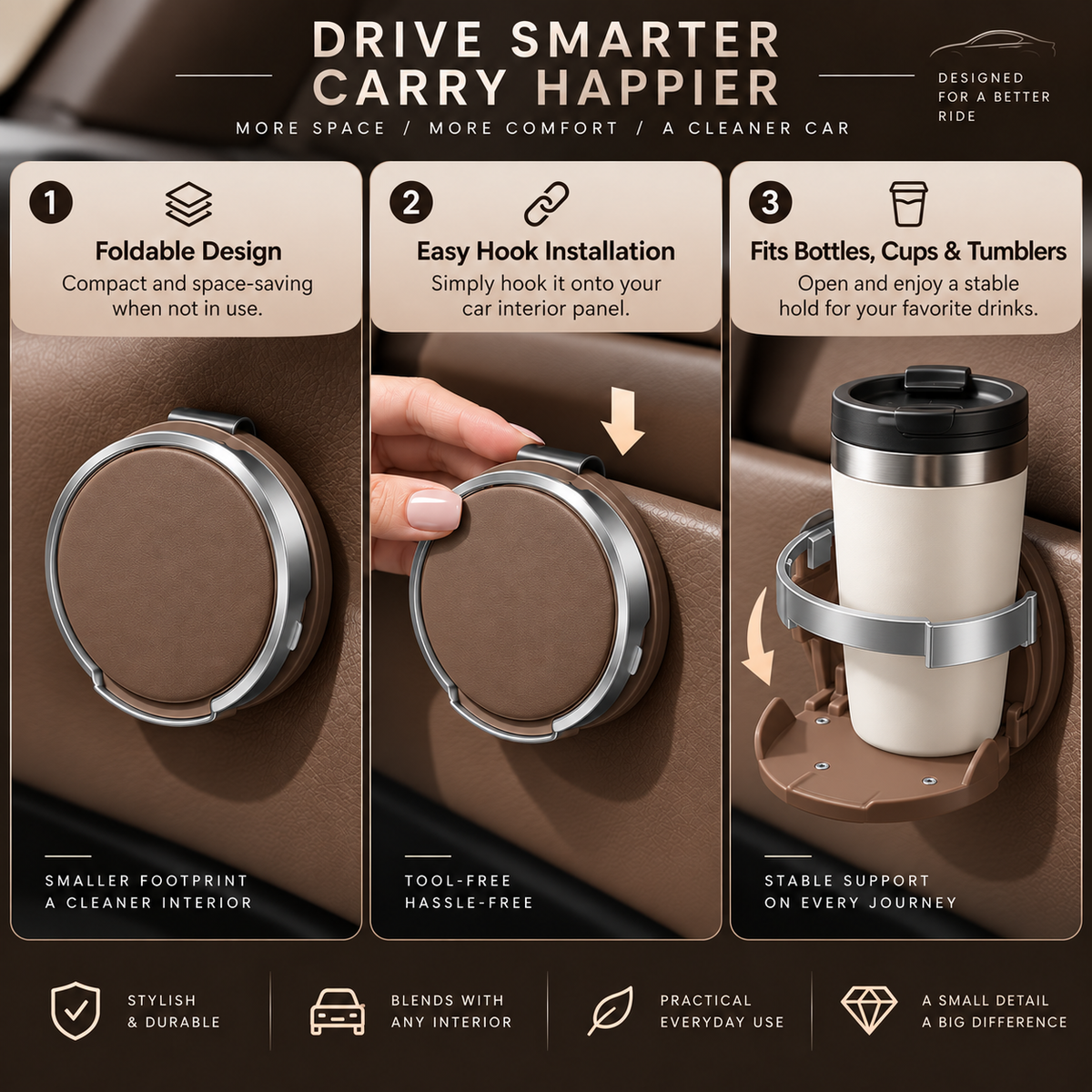Foldable Car Cup Holder with Hook – Space-Saving Drink & Interior Organizer
