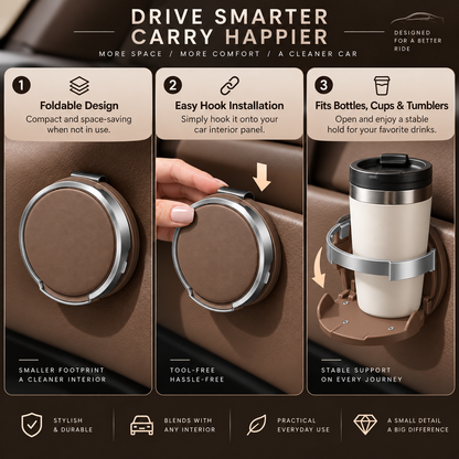 Foldable Car Cup Holder with Hook – Space-Saving Drink & Interior Organizer