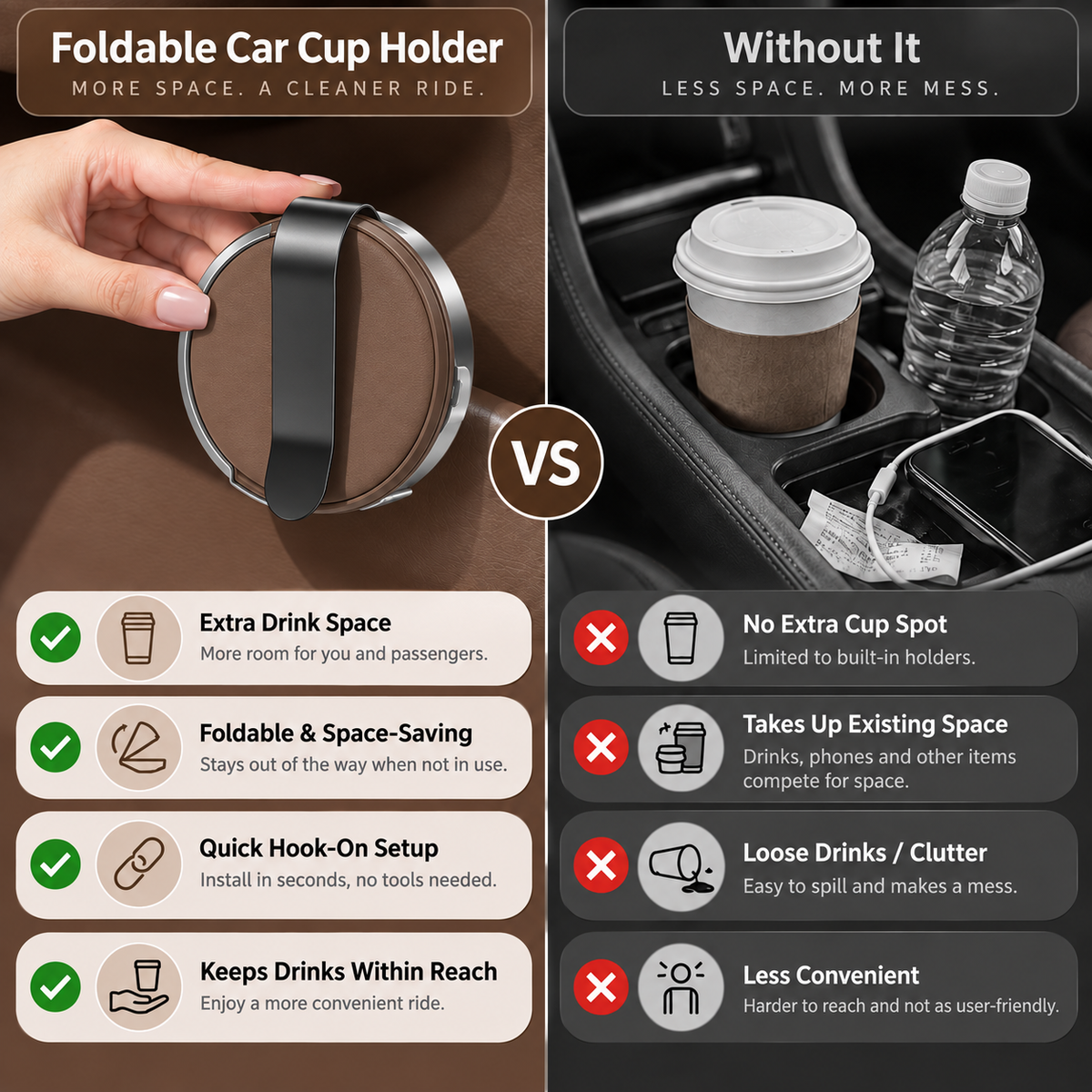 Foldable Car Cup Holder with Hook – Space-Saving Drink & Interior Organizer