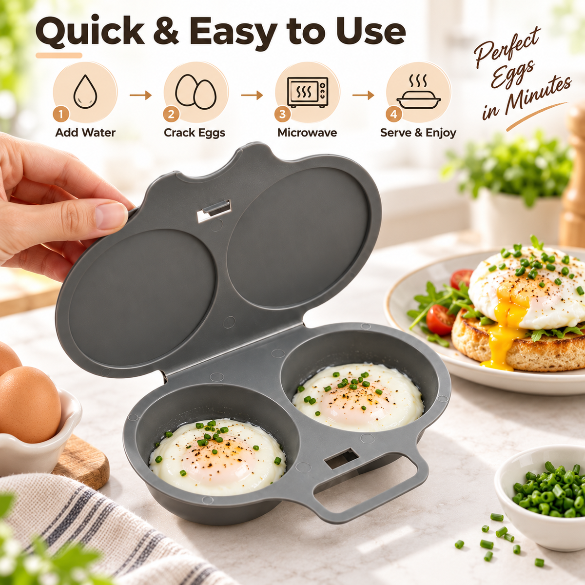Grey Egg Poacher, Easy-Clean Microwave Egg Boiler Poacher, 2 Cavity Nonstick Poached Egg Maker With Lid