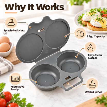 Grey Egg Poacher, Easy-Clean Microwave Egg Boiler Poacher, 2 Cavity Nonstick Poached Egg Maker With Lid