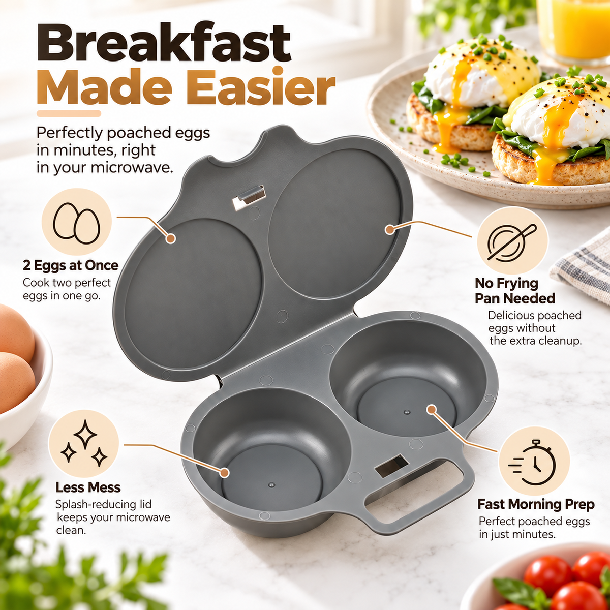 Grey Egg Poacher, Easy-Clean Microwave Egg Boiler Poacher, 2 Cavity Nonstick Poached Egg Maker With Lid