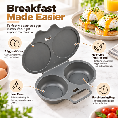Grey Egg Poacher, Easy-Clean Microwave Egg Boiler Poacher, 2 Cavity Nonstick Poached Egg Maker With Lid