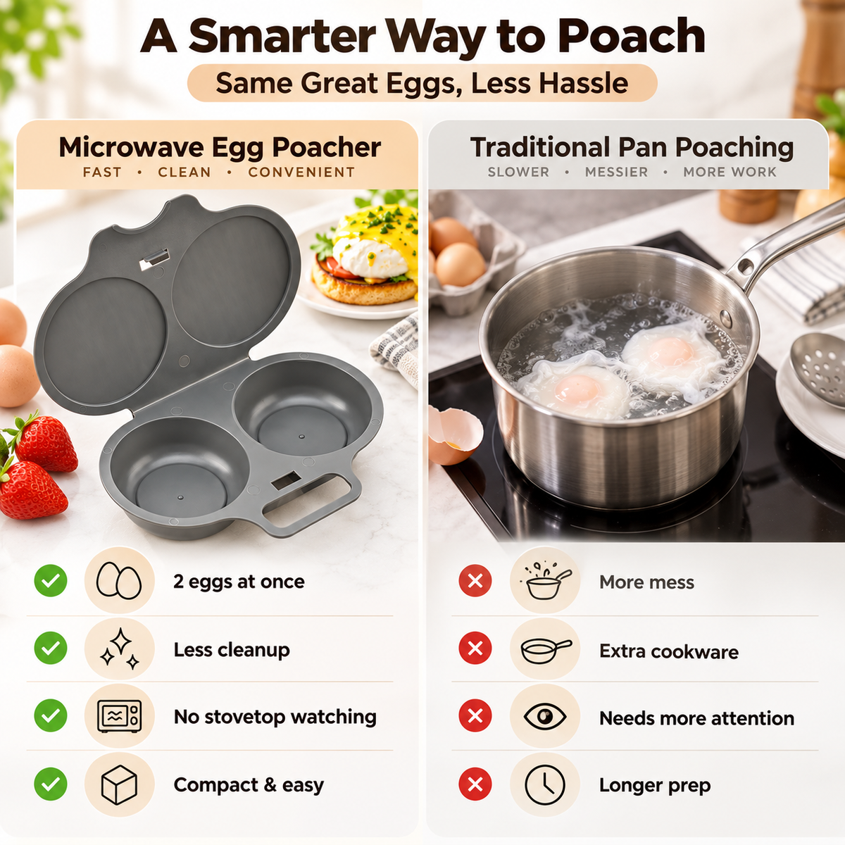 Grey Egg Poacher, Easy-Clean Microwave Egg Boiler Poacher, 2 Cavity Nonstick Poached Egg Maker With Lid