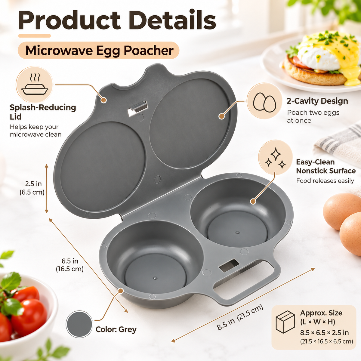Grey Egg Poacher, Easy-Clean Microwave Egg Boiler Poacher, 2 Cavity Nonstick Poached Egg Maker With Lid