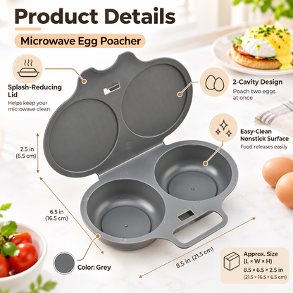 Grey Egg Poacher, Easy-Clean Microwave Egg Boiler Poacher, 2 Cavity Nonstick Poached Egg Maker With Lid
